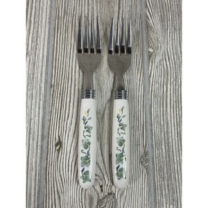 Vintage Ivy Leaf Pattern Stainless Steel Salad Fork Set White Ceramic Handle 2pc